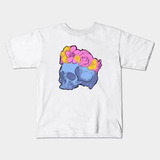 Blue skull with Yellow and Pink Flower Crown Kids T-Shirt